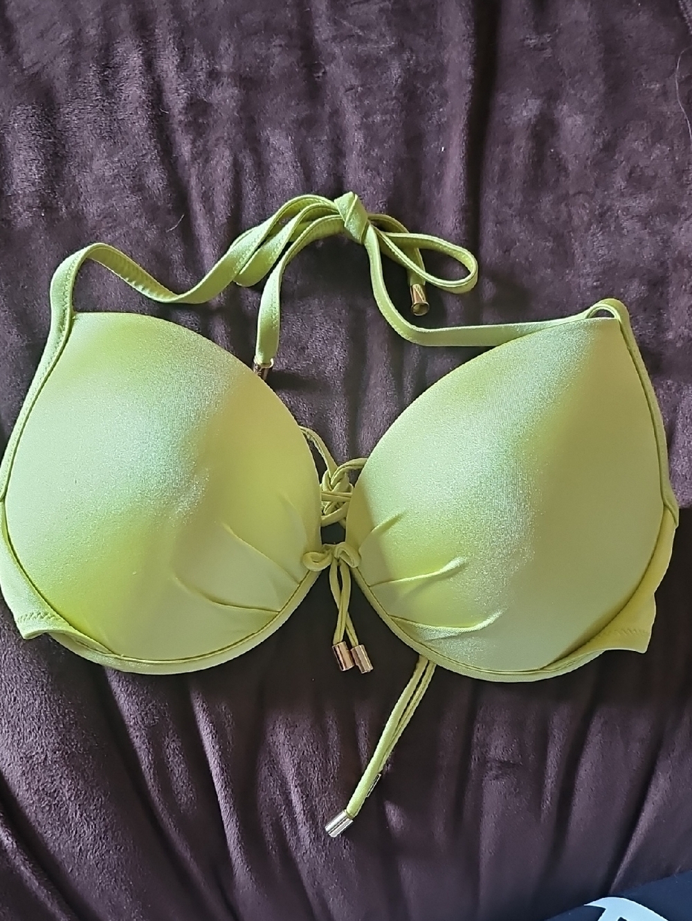Victoria's Secret Neon Chartreuse Halter Bikini Top with Gold Accents